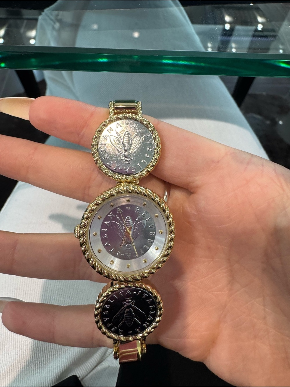 Bellezza 2-Lira Italian Bee Coin Tri-Tone Medallion Dress Watch